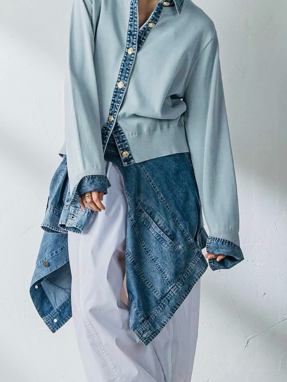 Light Blue Contrast Denim-Trim Button Front Women's Top